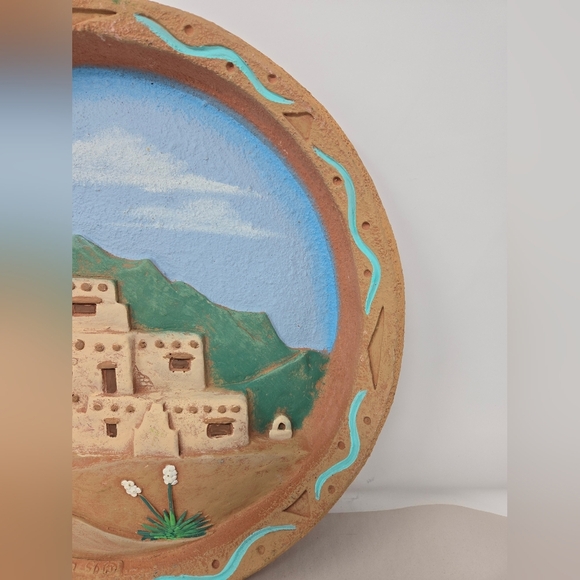 New Mexico Clay Pottery Wall Art By Leonardo Jaramillo 3D Effect Adobe Building - Picture 3 of 11